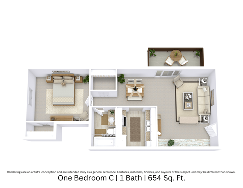 Floor plan for 1 bed, 1 bath, 654 sqft